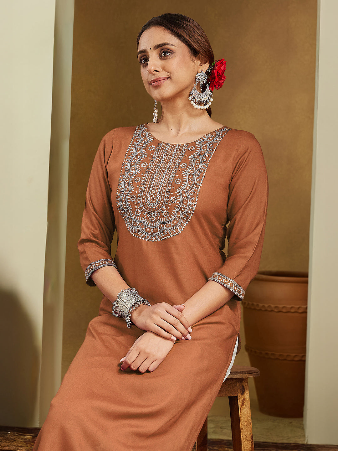 Janasya Women's Brown Rayon Embroidered Straight Kurta