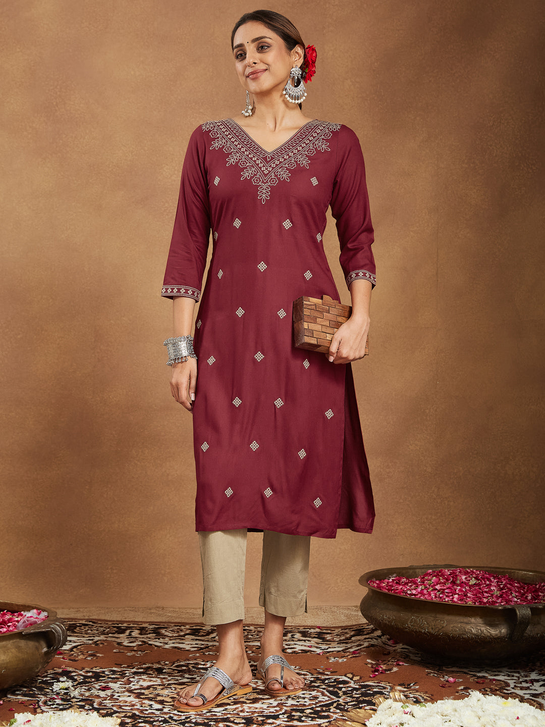 Janasya Women's Maroon Rayon Embroidered Straight Kurta