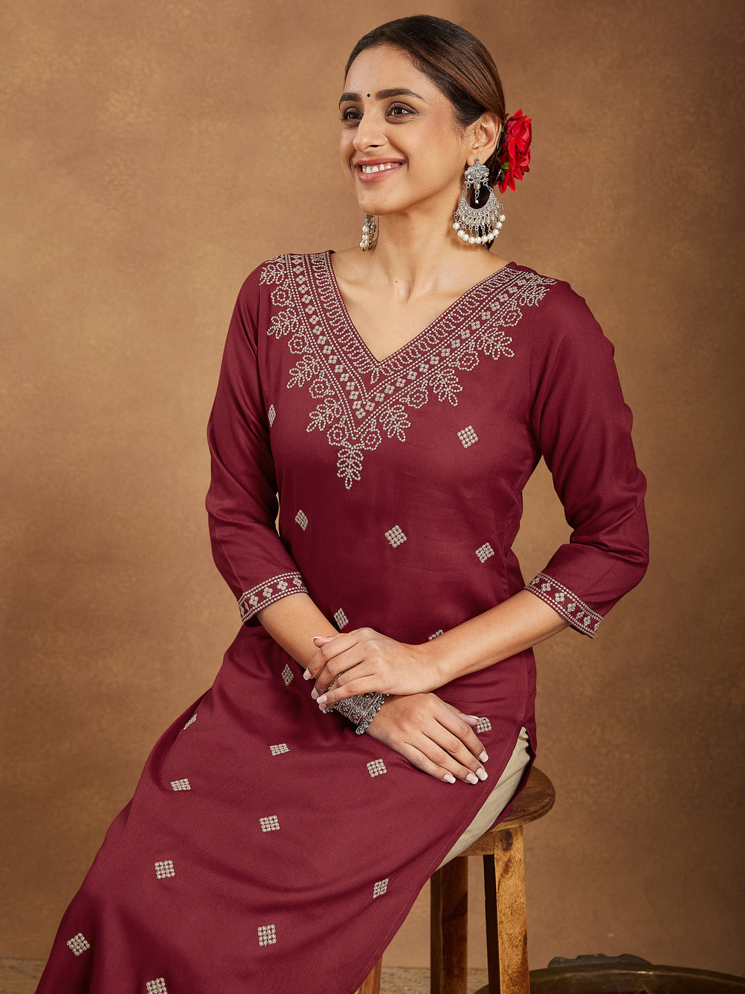 Janasya Women's Maroon Rayon Embroidered Straight Kurta