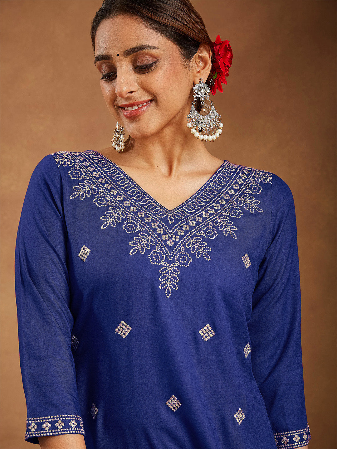 Janasya Women's Navy Blue Rayon Embroidered Straight Kurta