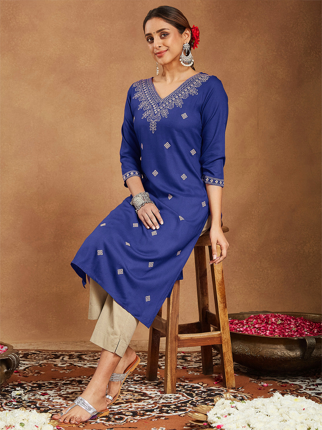Janasya Women's Navy Blue Rayon Embroidered Straight Kurta