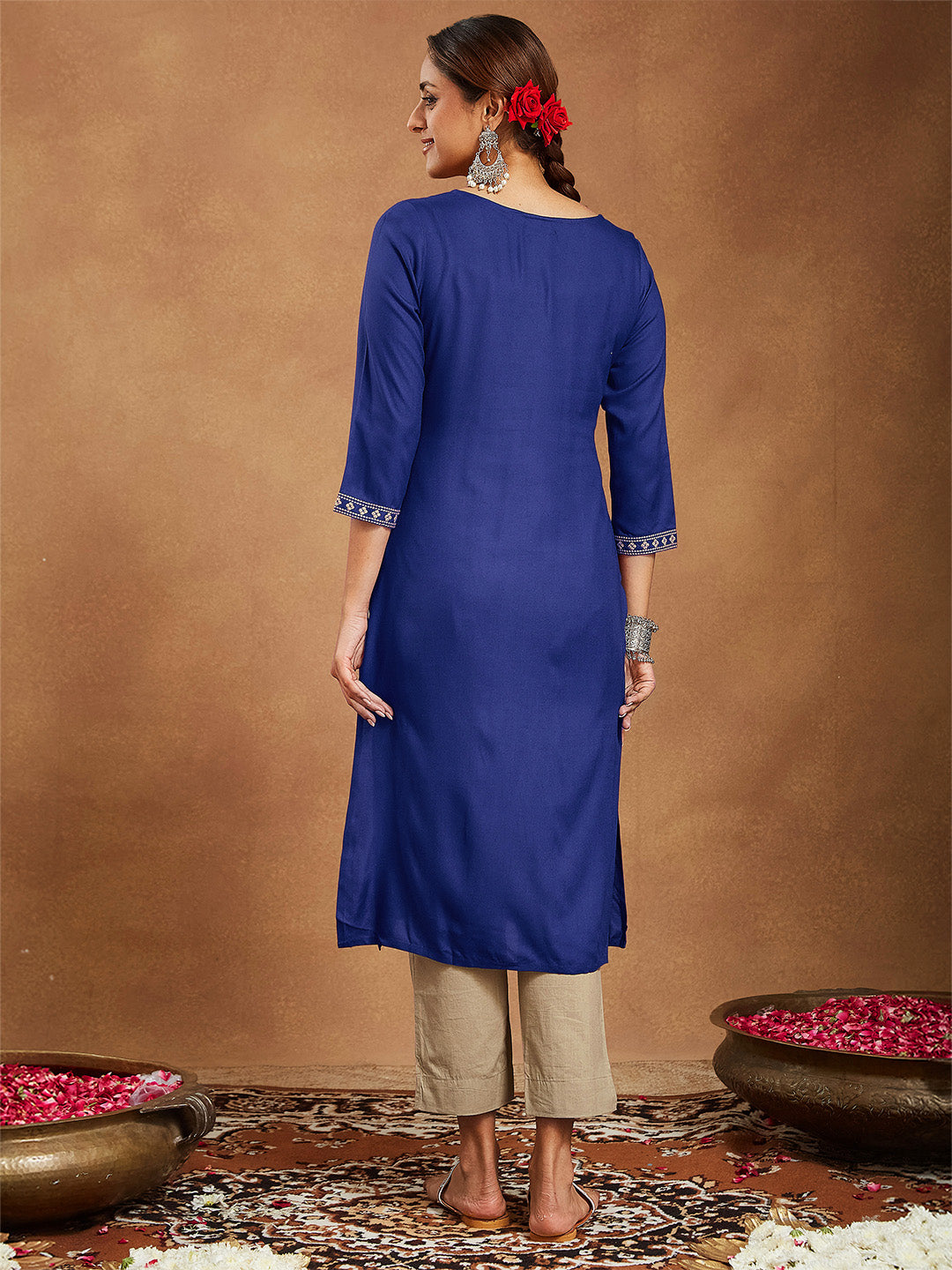 Janasya Women's Navy Blue Rayon Embroidered Straight Kurta