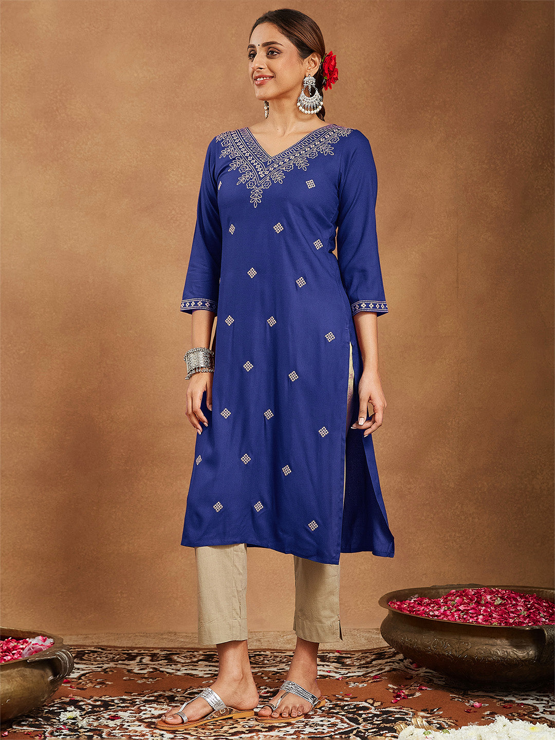 Janasya Women's Navy Blue Rayon Embroidered Straight Kurta