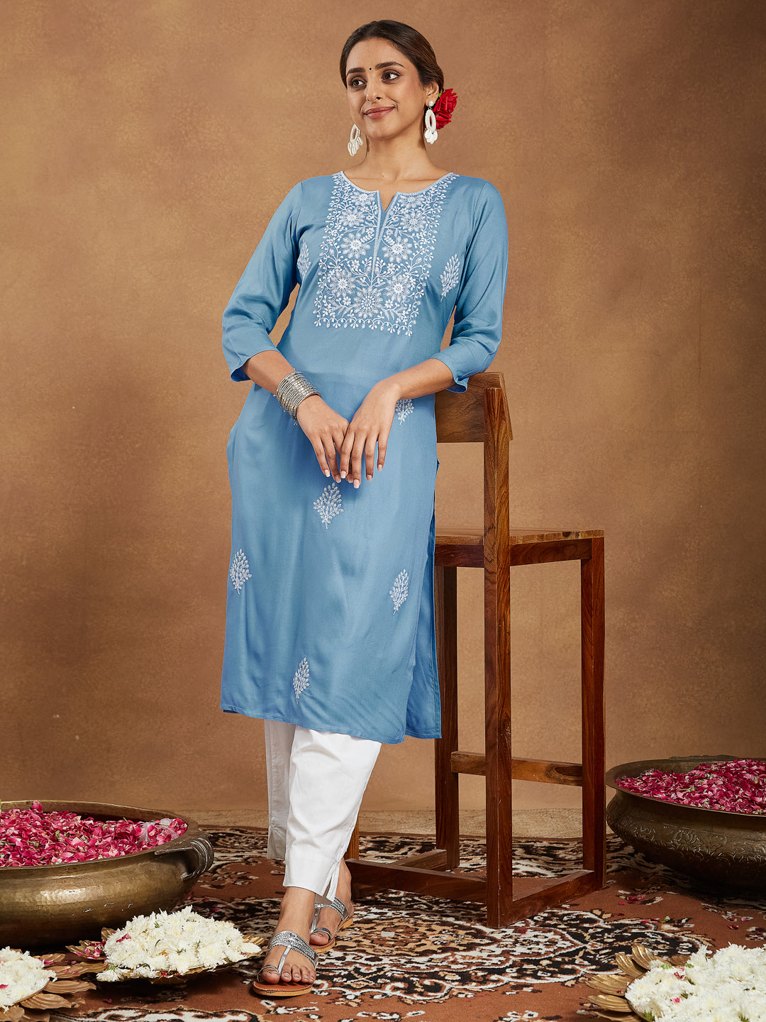 Janasya Women's Sky Blue Rayon Embroidered Straight Kurta