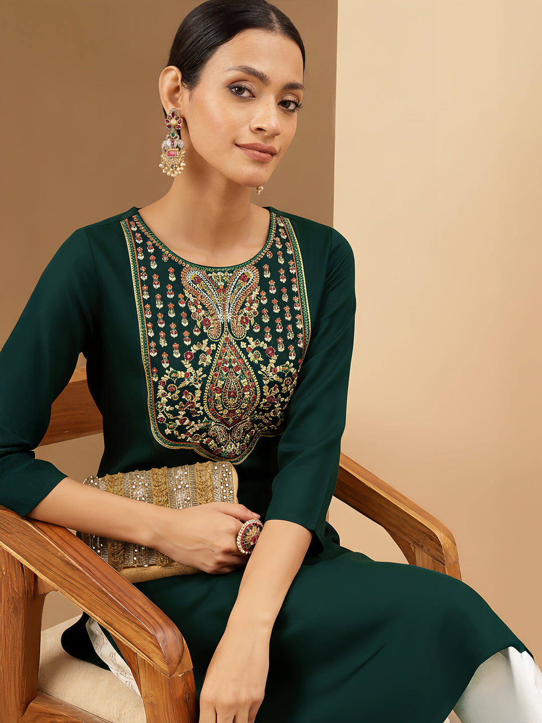 Janasya Women's Teal Green Rayon Yoke Embroidered Straight Kurta