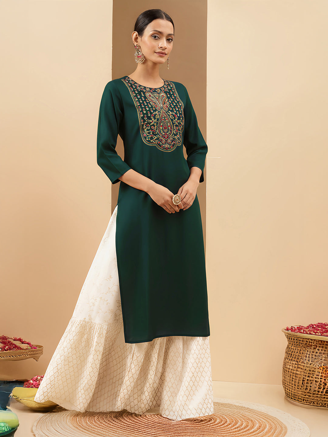 Janasya Women's Teal Green Rayon Yoke Embroidered Straight Kurta
