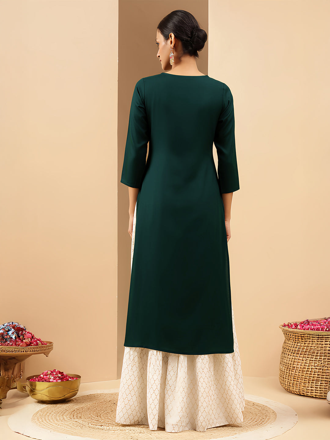 Janasya Women's Teal Green Rayon Yoke Embroidered Straight Kurta