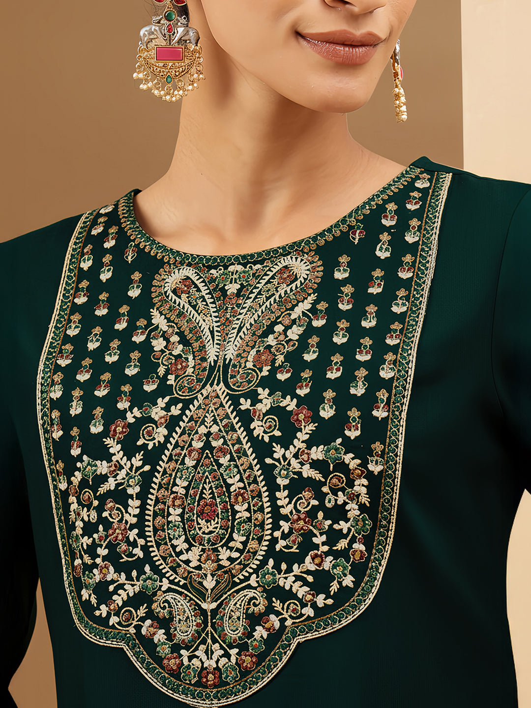 Janasya Women's Teal Green Rayon Yoke Embroidered Straight Kurta