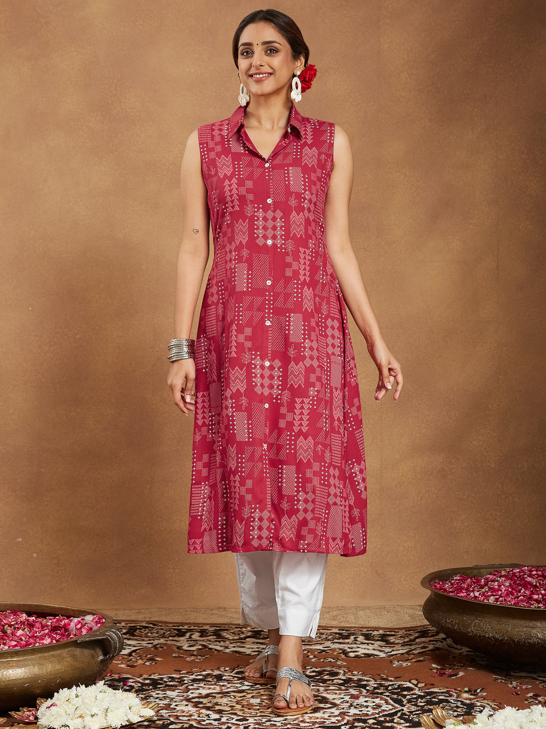 Janasya Women's Red Rayon Geometric Printed A-line Shirt Kurta