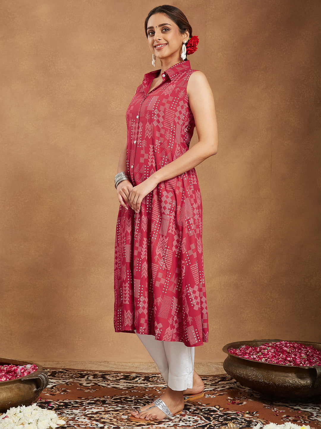 Janasya Women's Red Rayon Geometric Printed A-line Shirt Kurta