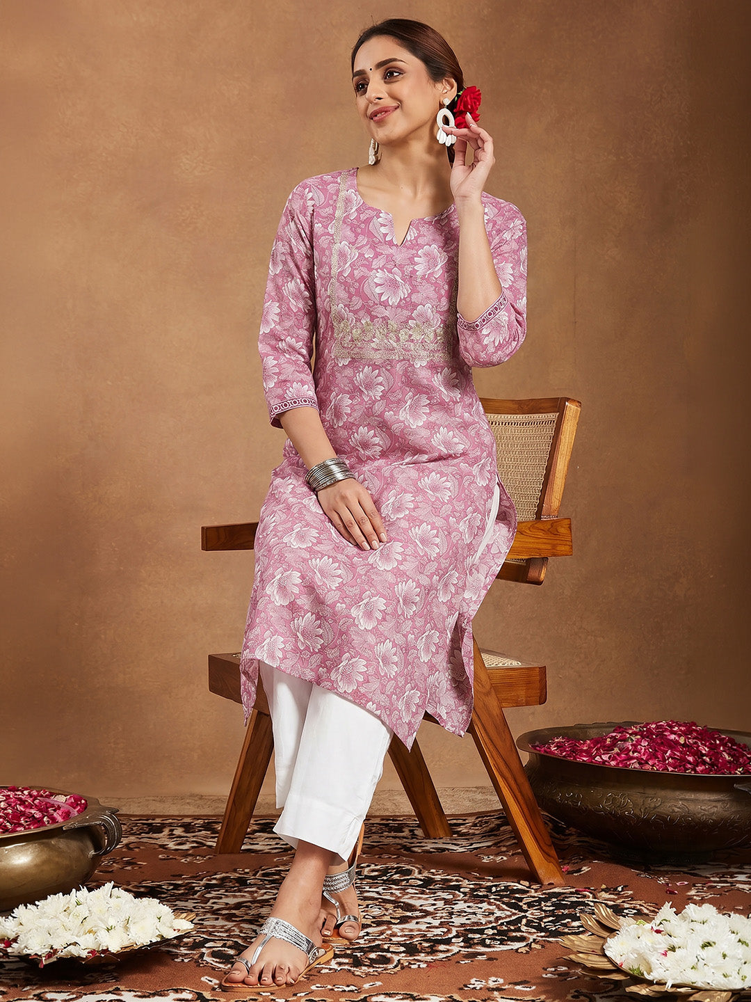 Janasya Women's Pink Pure Cotton Yoke Embroidered Floral Printed Straight Kurta