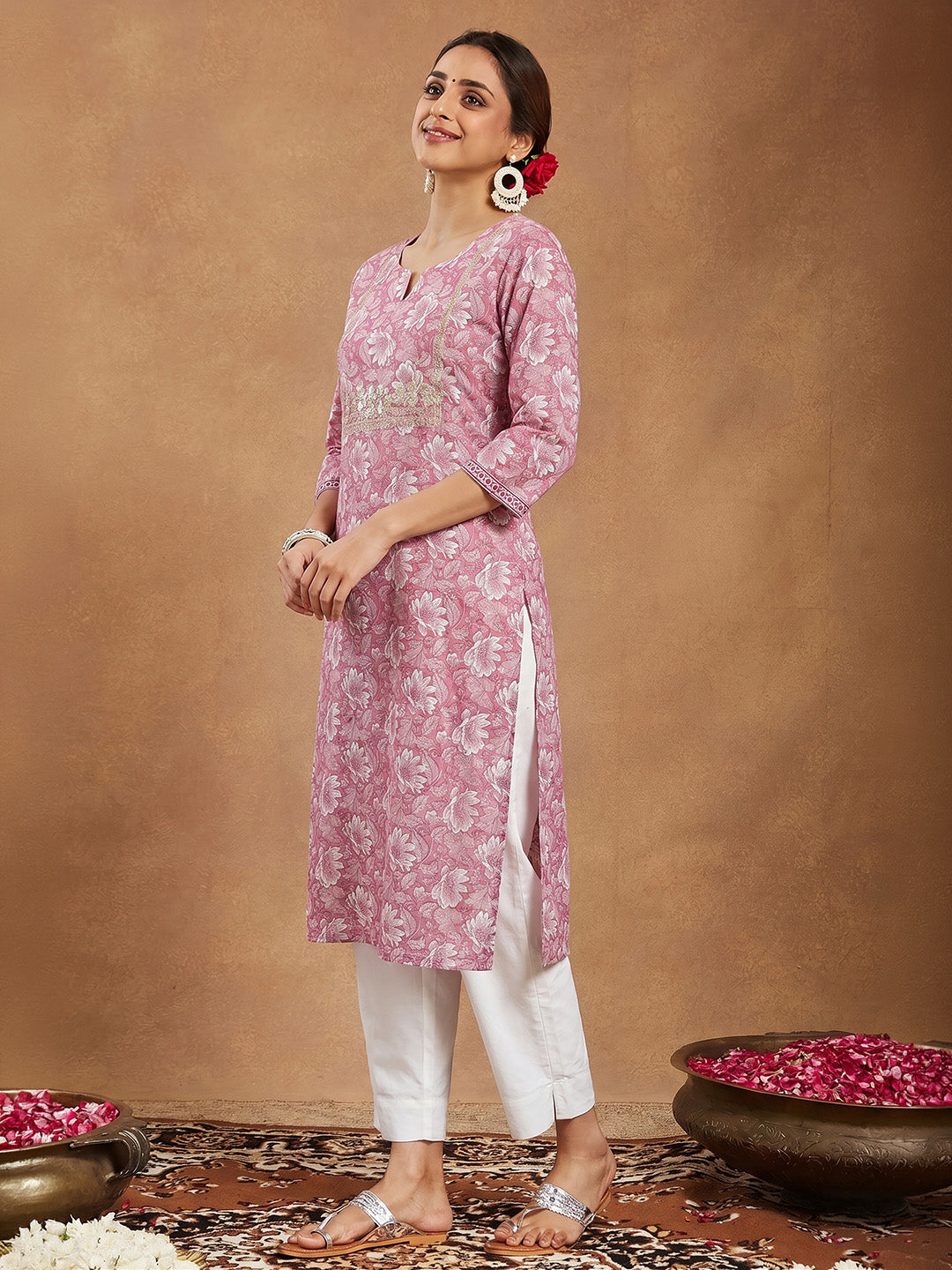 Janasya Women's Pink Pure Cotton Yoke Embroidered Floral Printed Straight Kurta