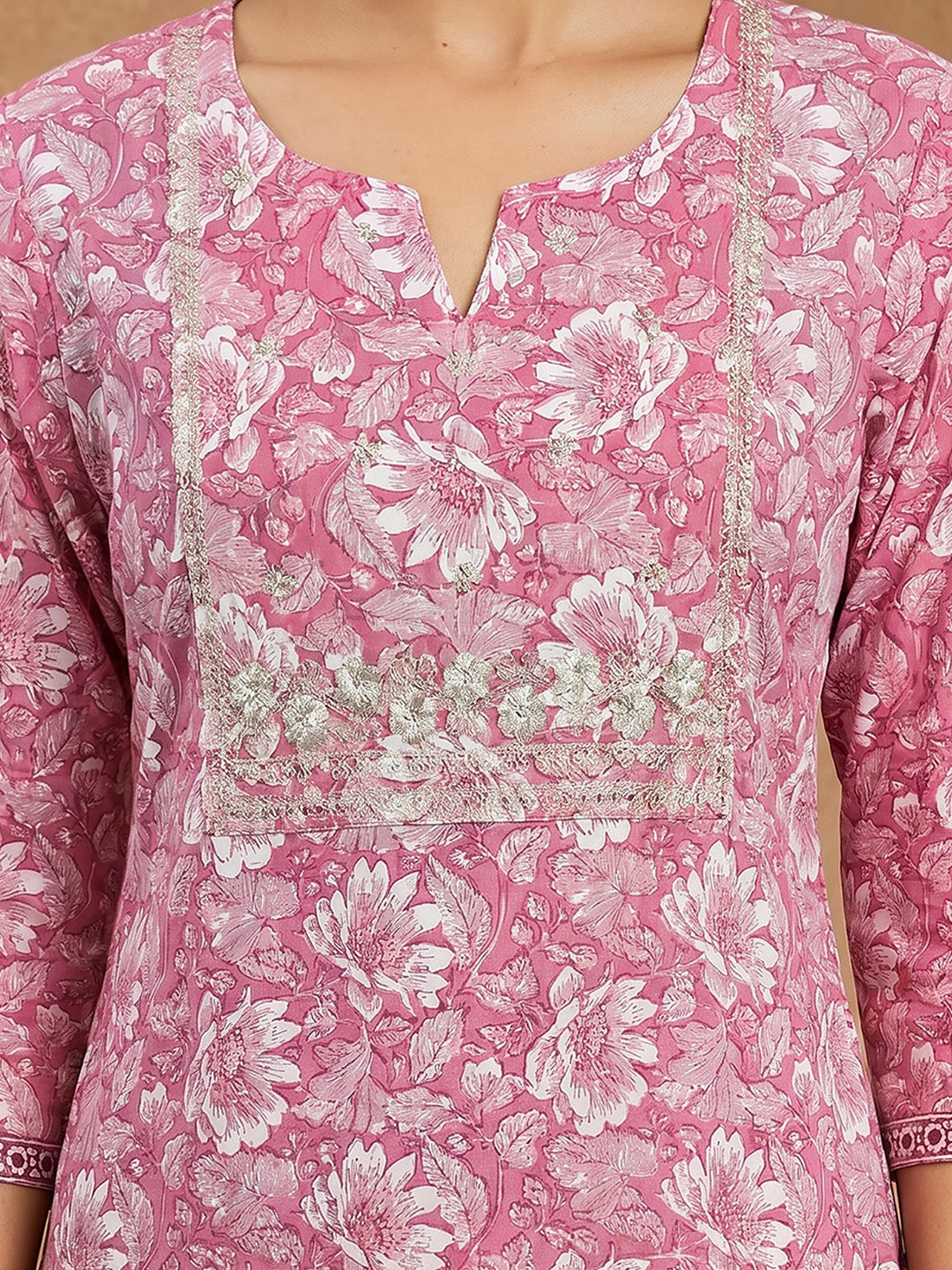 Janasya Women's Pink Pure Cotton Yoke Embroidered Floral Printed Straight Kurta