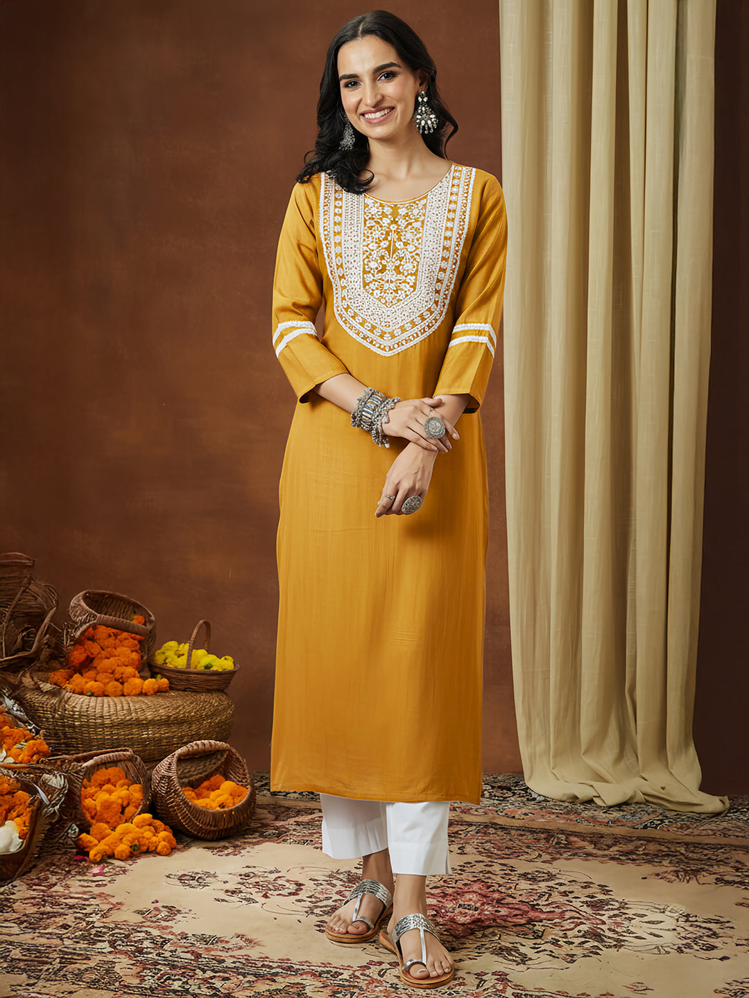 Janasya Women's Mustard Silk Blend Embroidered Straight Kurta
