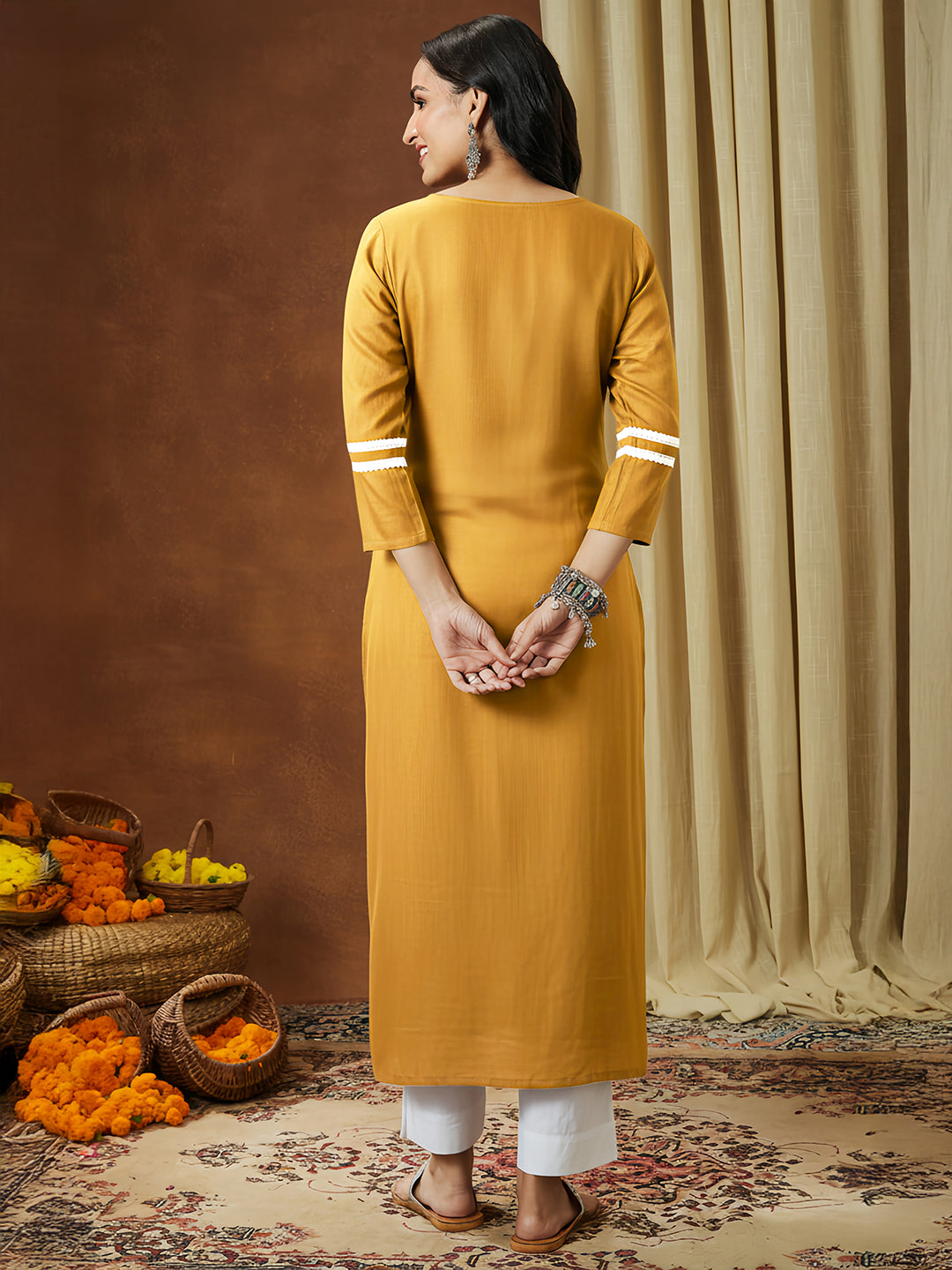 Janasya Women's Mustard Silk Blend Embroidered Straight Kurta
