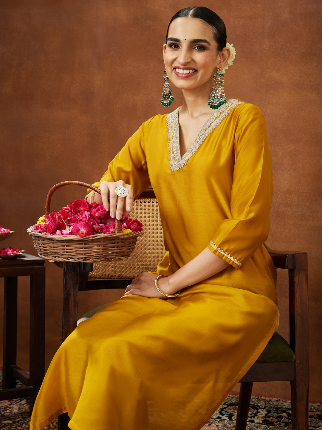 Janasya Women's Mustard Chanderi Silk Embellished Straight Kurta