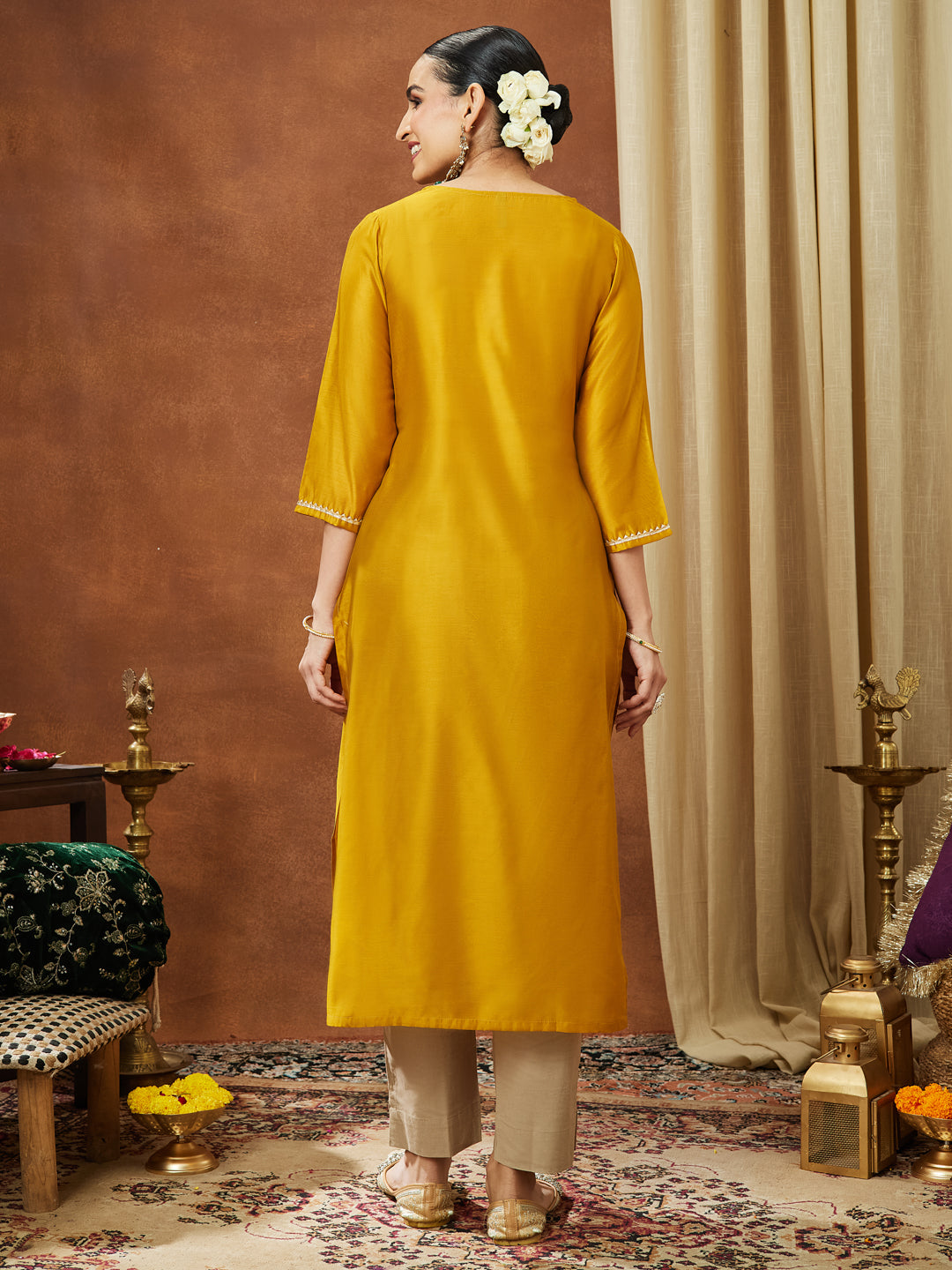 Janasya Women's Mustard Chanderi Silk Embellished Straight Kurta