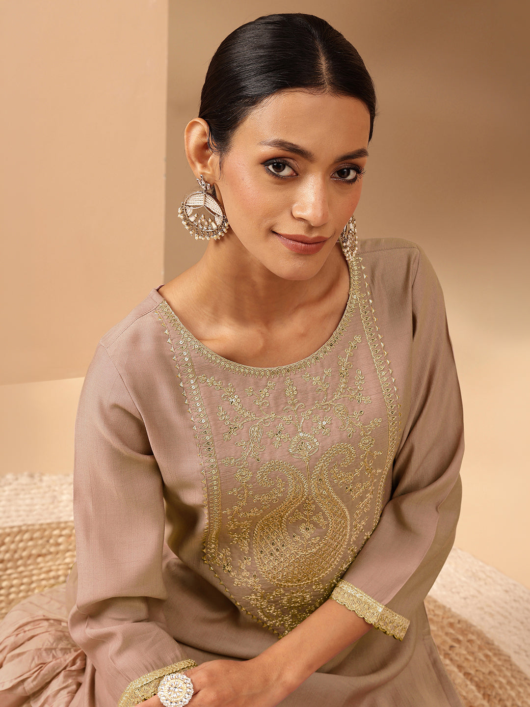 Janasya Women's Brown Silk Blend Embroidered Straight Kurta