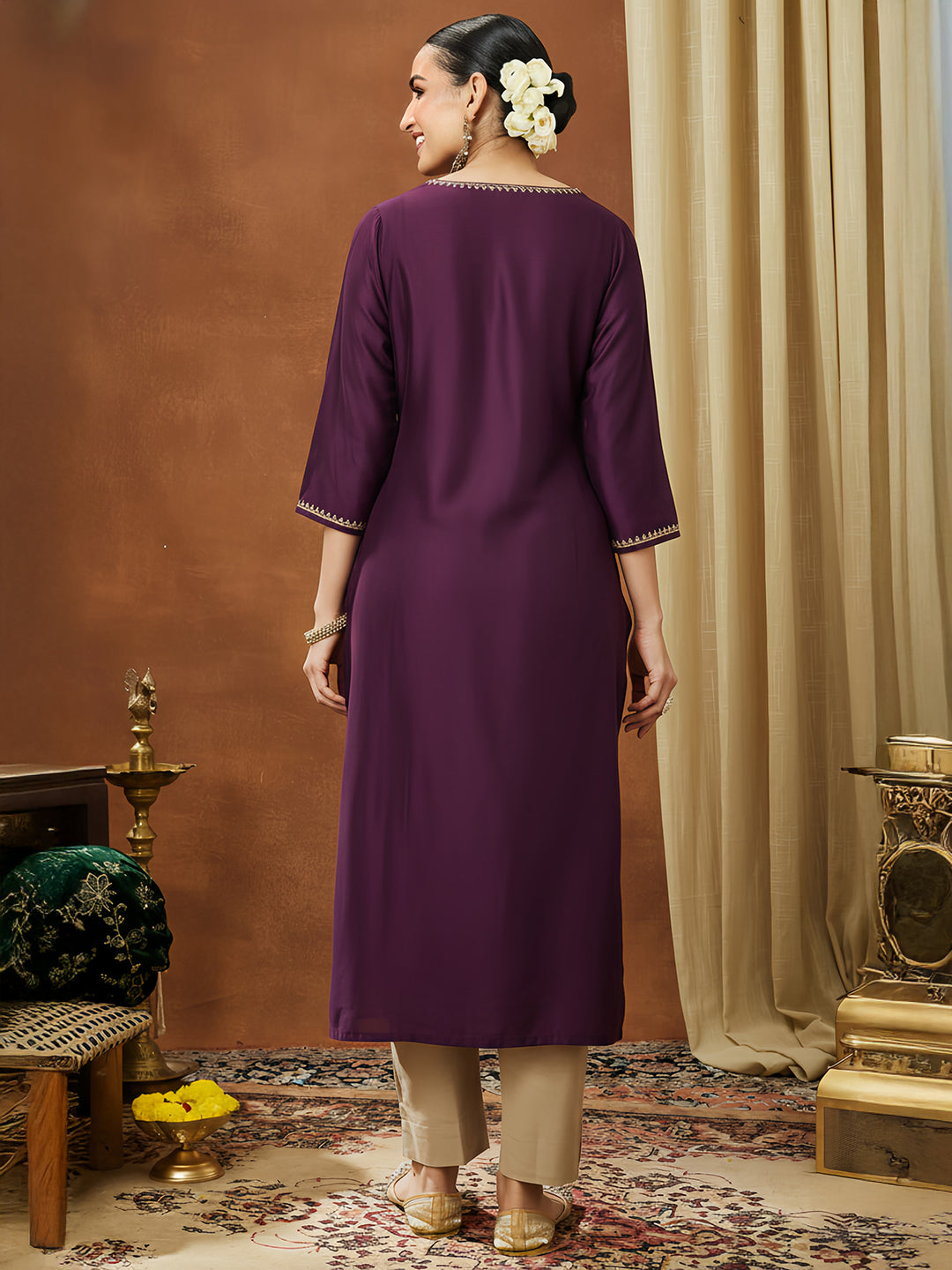 Janasya Women's Wine Chanderi Silk Embellished Straight Kurta