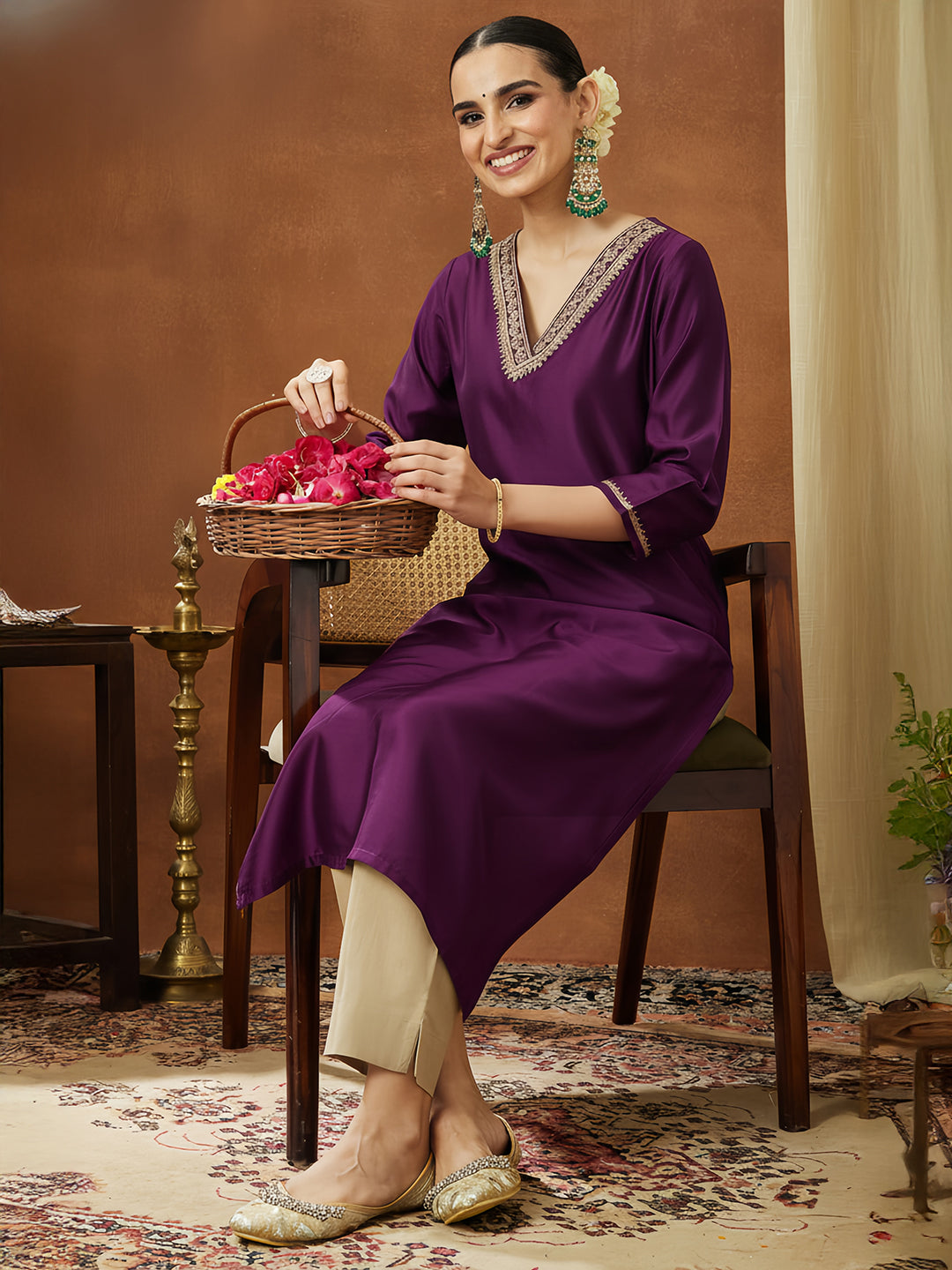 Janasya Women's Wine Chanderi Silk Embellished Straight Kurta