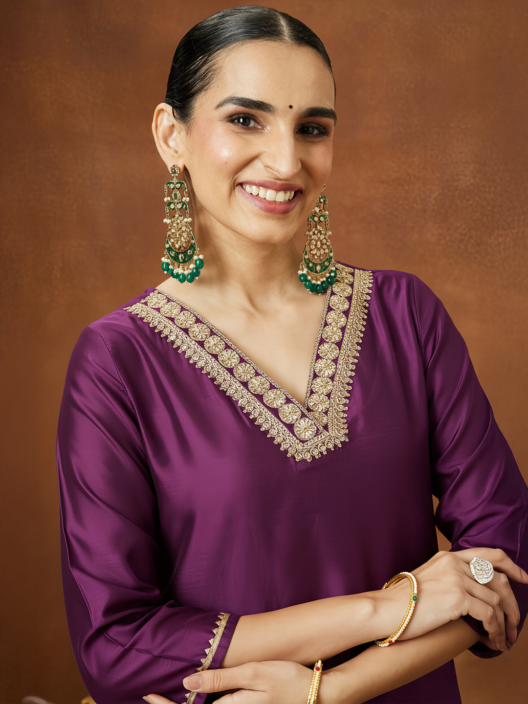 Janasya Women's Wine Chanderi Silk Embellished Straight Kurta