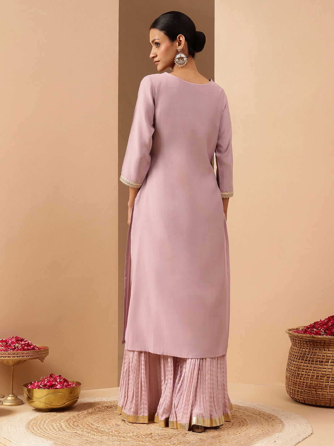 Janasya Women's Lavender Silk Blend Yoke Embroidered Straight Kurta