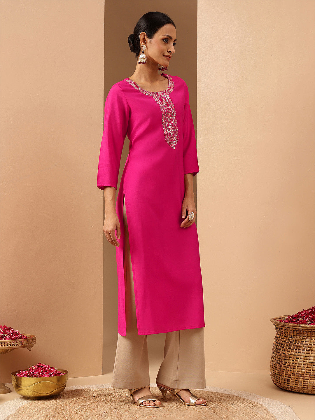 Janasya Women's Pink Chanderi Silk Yoke Embroidery Straight Kurta