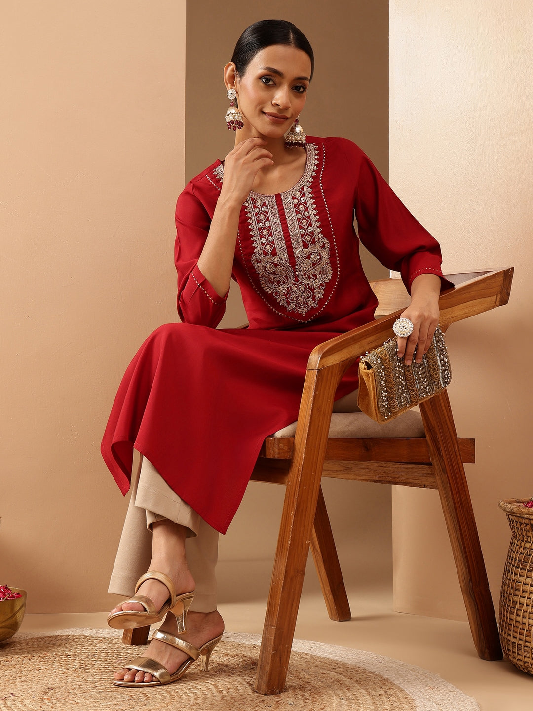 Janasya Women's Maroon Chanderi Silk Yoke Embroidered Straight Kurta.