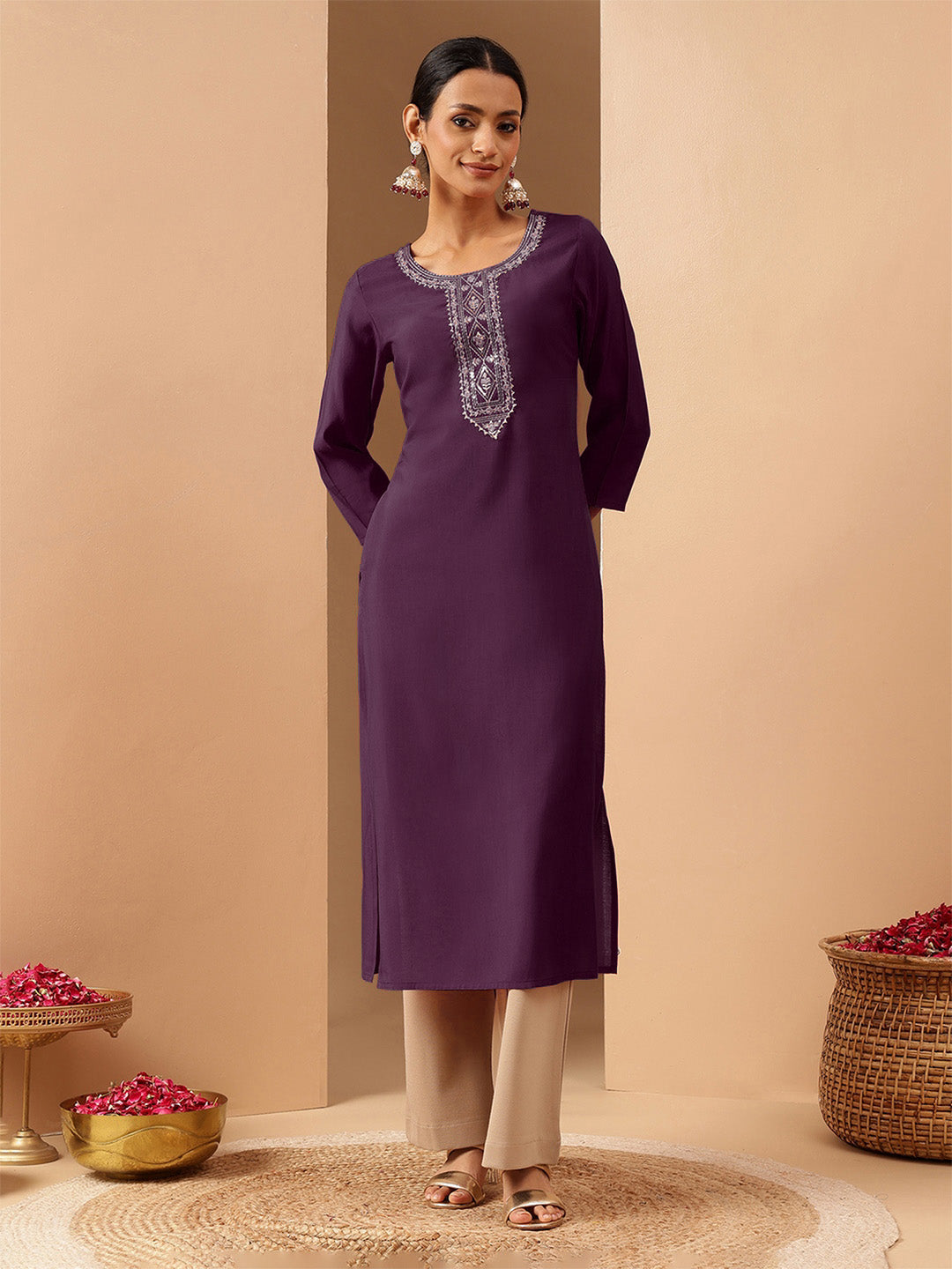Janasya Women's Wine Chanderi Silk Zari Yoke Embroidered Straight Kurta