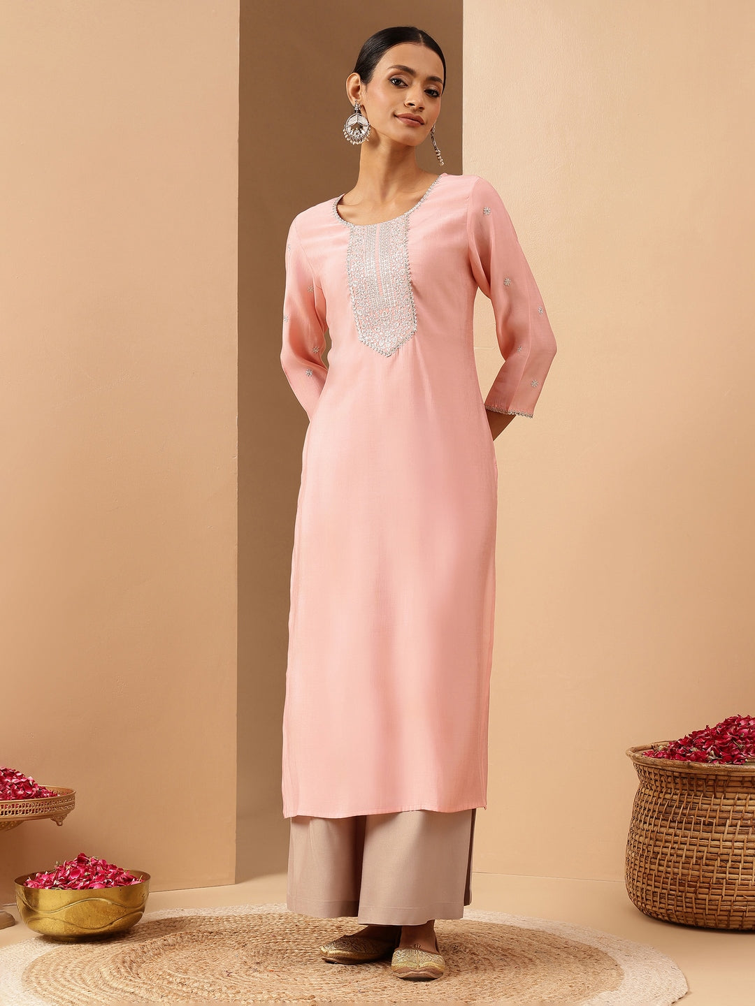 Janasya Women's Soft Pink Chanderi Silk Zari Embroidered Straight Kurta