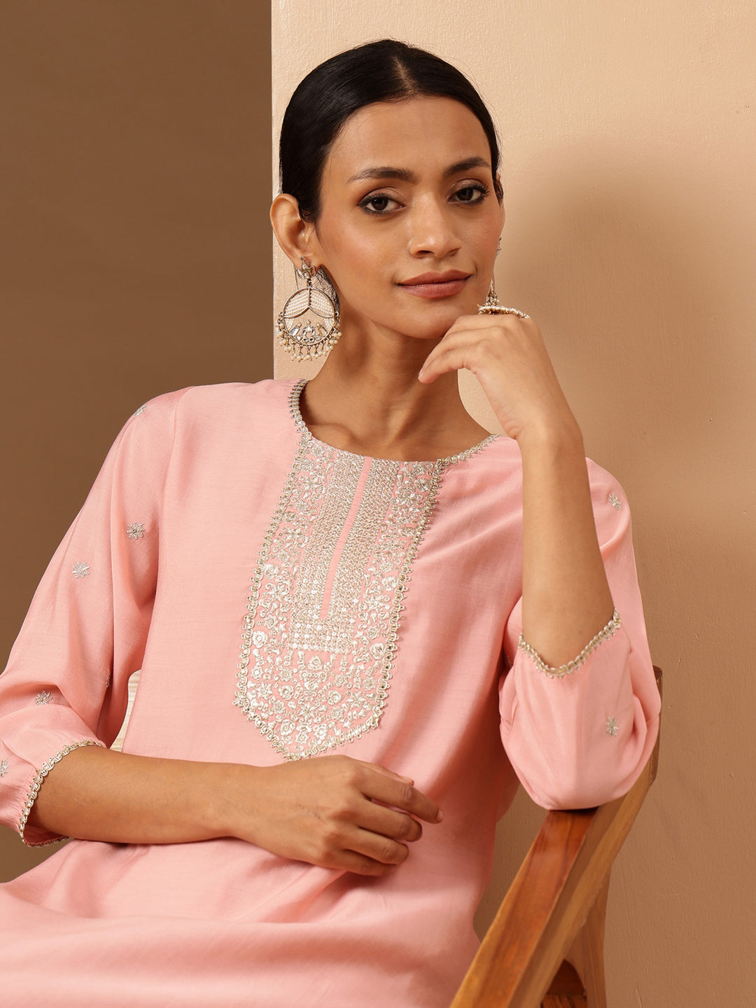 Janasya Women's Soft Pink Chanderi Silk Zari Embroidered Straight Kurta
