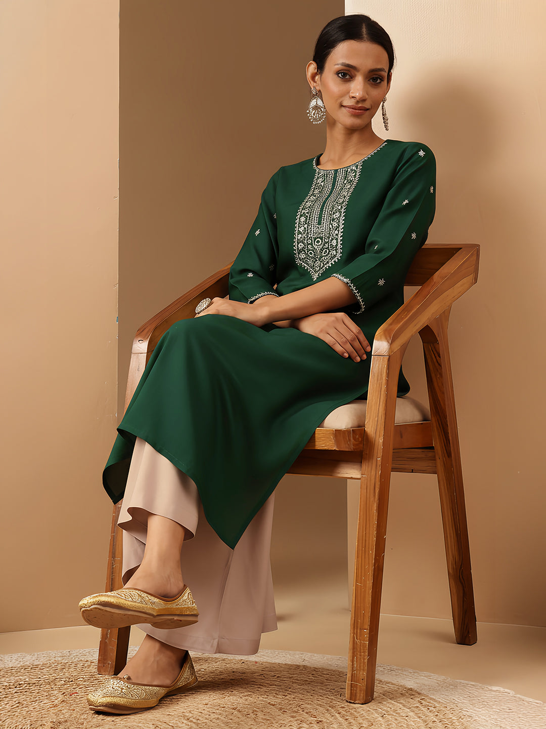 Janasya Women's Bottle Green Chanderi Silk Zari Embroidered Straight Kurta