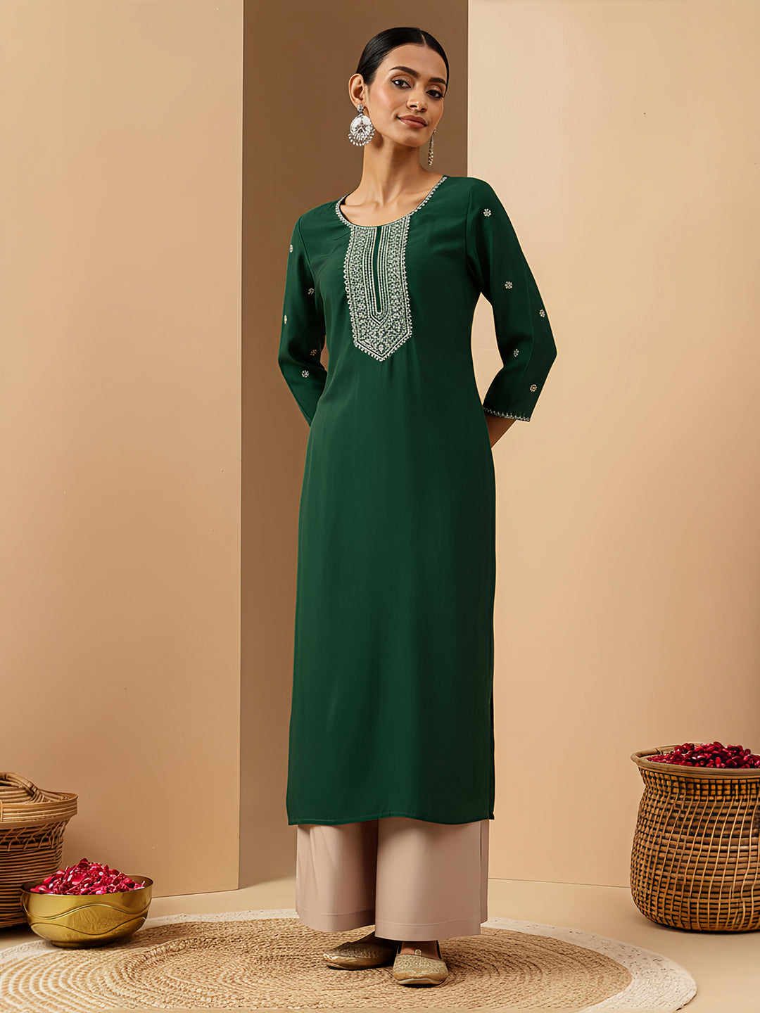Janasya Women's Bottle Green Chanderi Silk Zari Embroidered Straight Kurta
