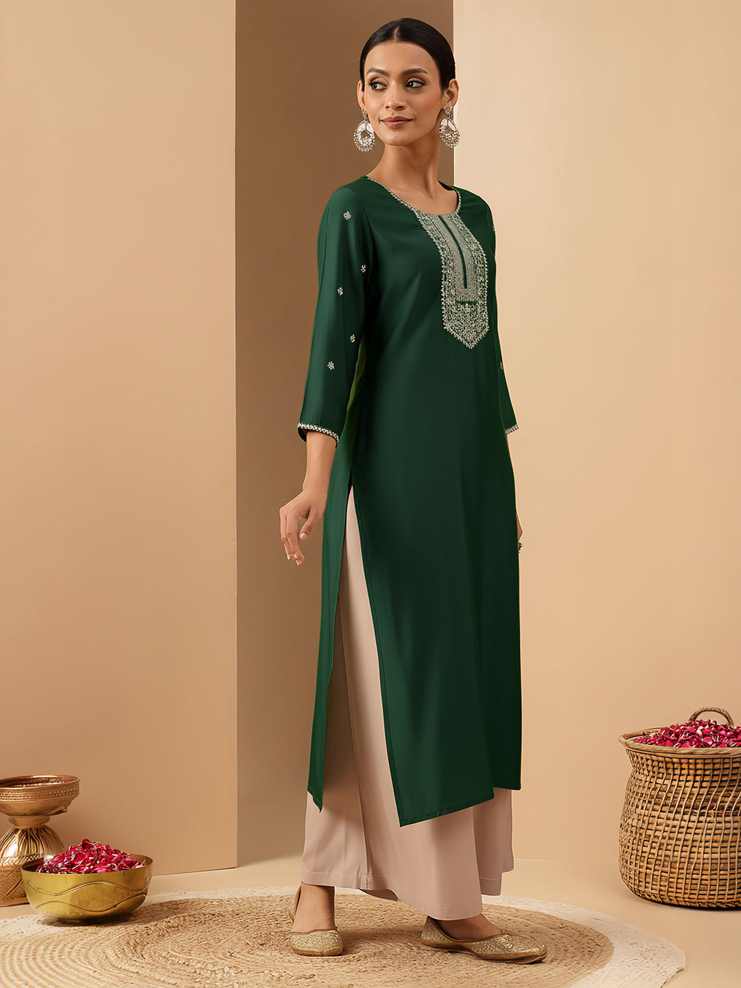 Janasya Women's Bottle Green Chanderi Silk Zari Embroidered Straight Kurta