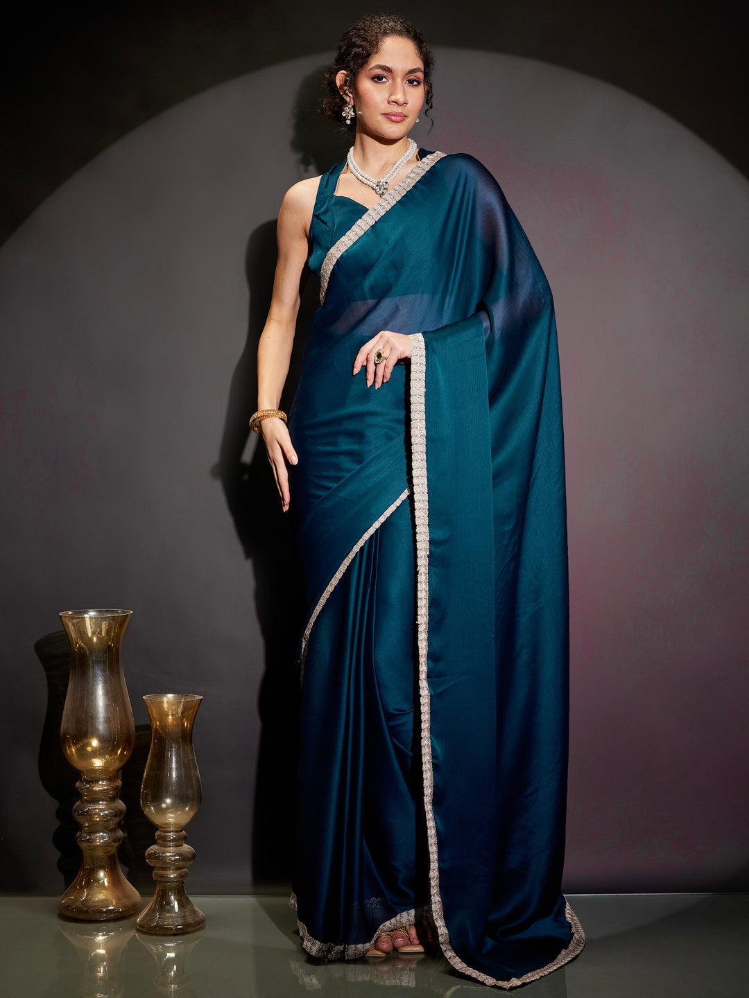 Janasya Women's Teal Blue Silk Blend Ready To Wear Embellished Saree with Unstitched Blouse
