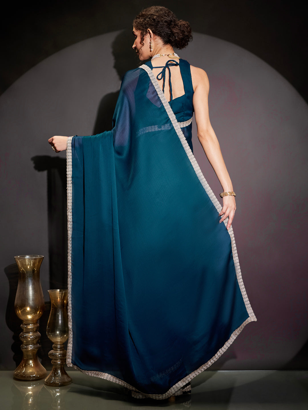 Janasya Women's Teal Blue Silk Blend Ready To Wear Embellished Saree with Unstitched Blouse