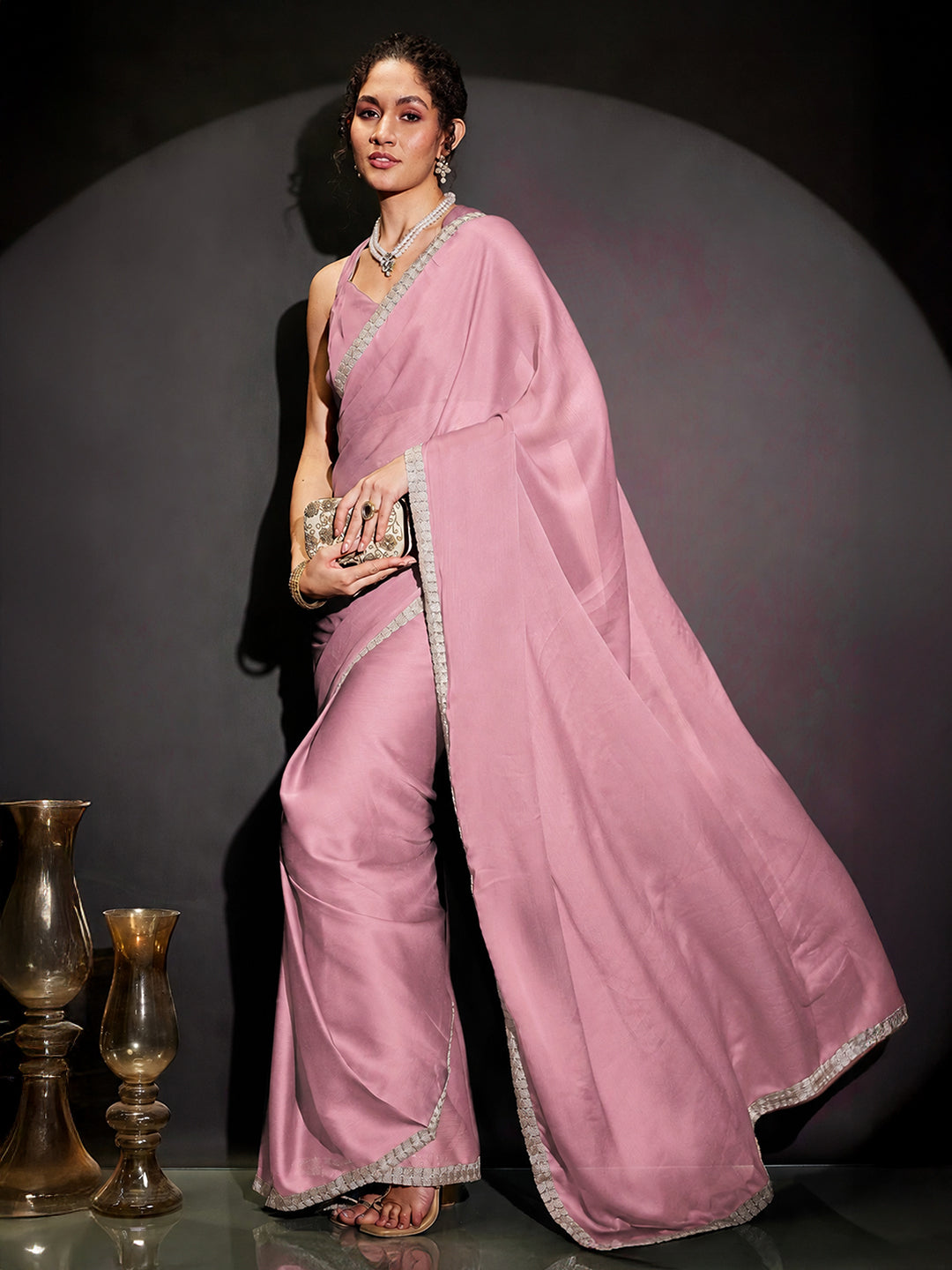 Janasya Women's Powder Pink Silk Blend One-Minute Ready-to-Wear Embellished Saree with Unstitched Blouse