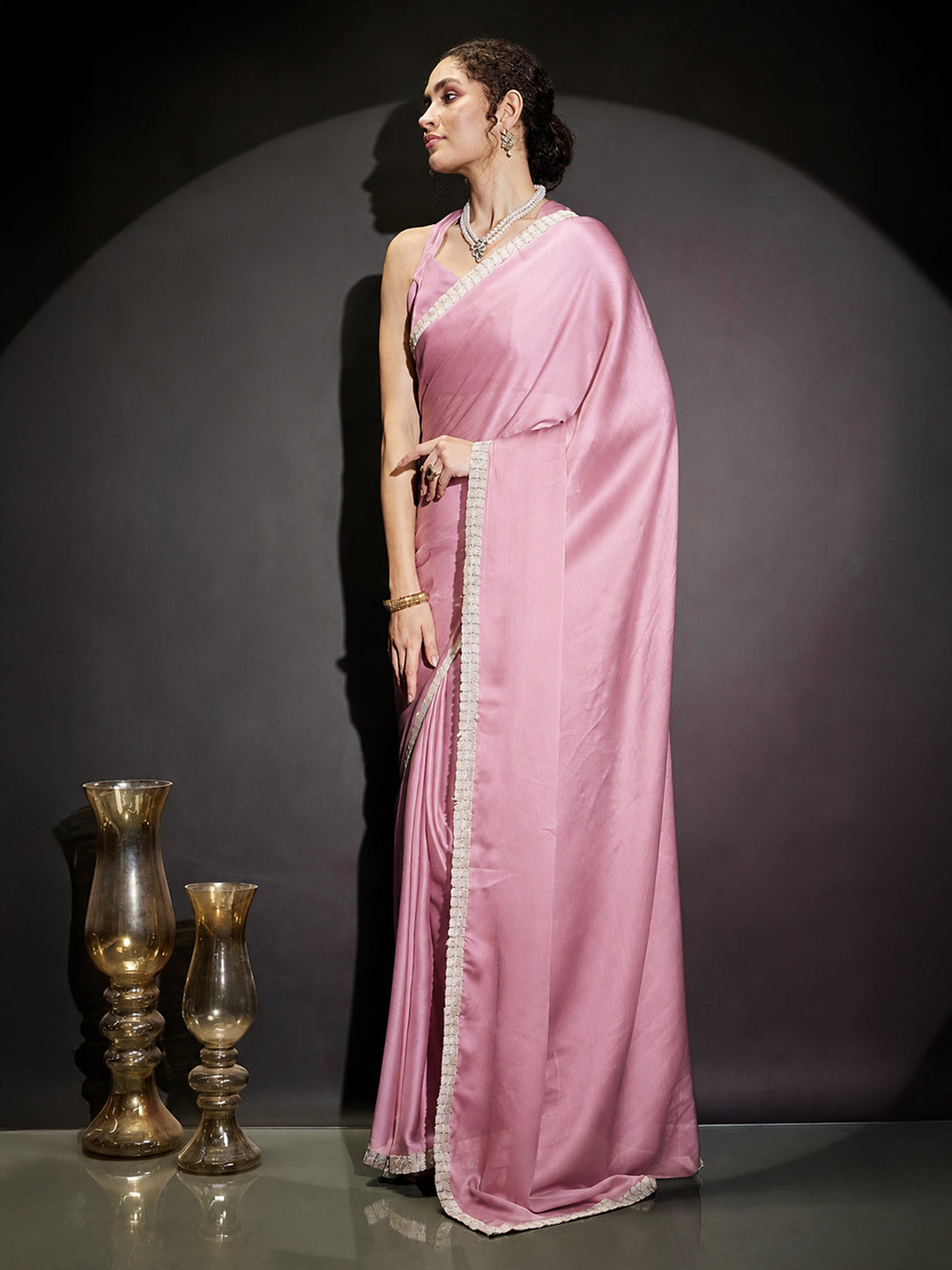 Janasya Women's Powder Pink Silk Blend One-Minute Ready-to-Wear Embellished Saree with Unstitched Blouse