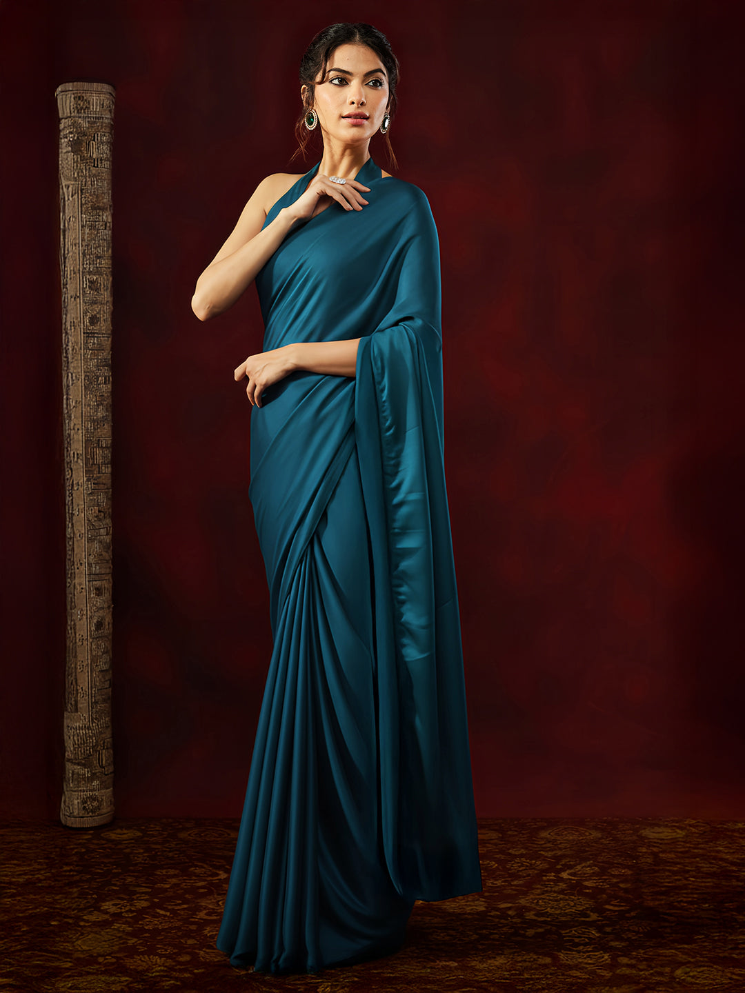 Janasya Women's Turquoise Satin Ready To Wear Soild Saree with Unstitched Blouse