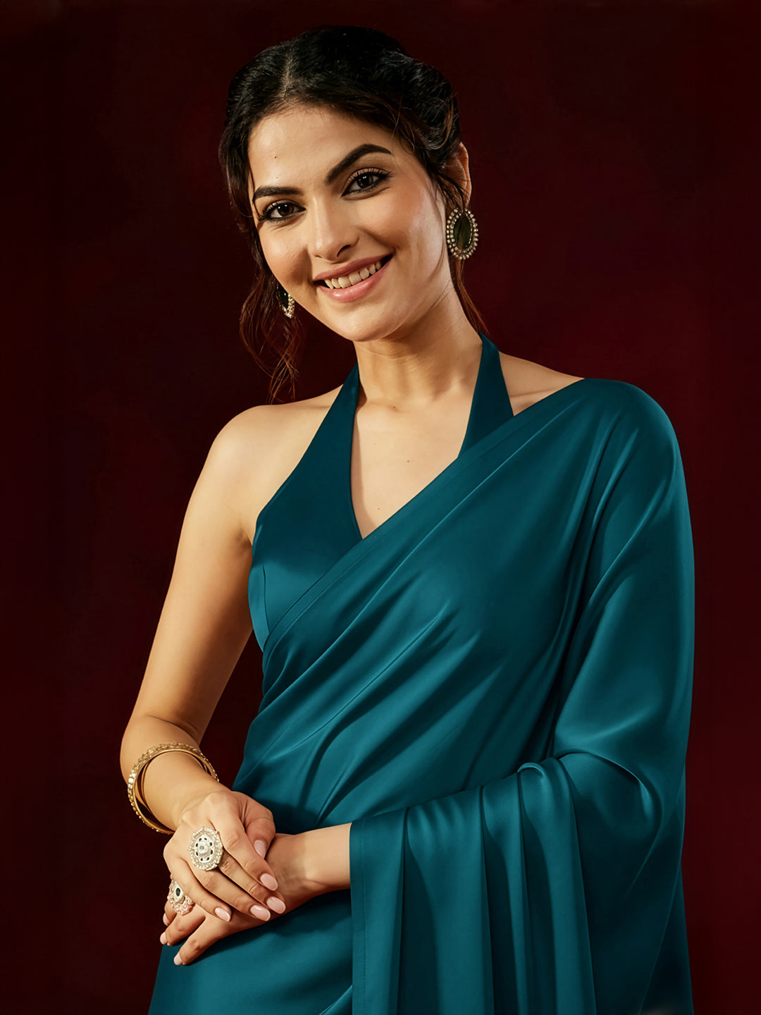 Janasya Women's Turquoise Satin Ready To Wear Soild Saree with Unstitched Blouse