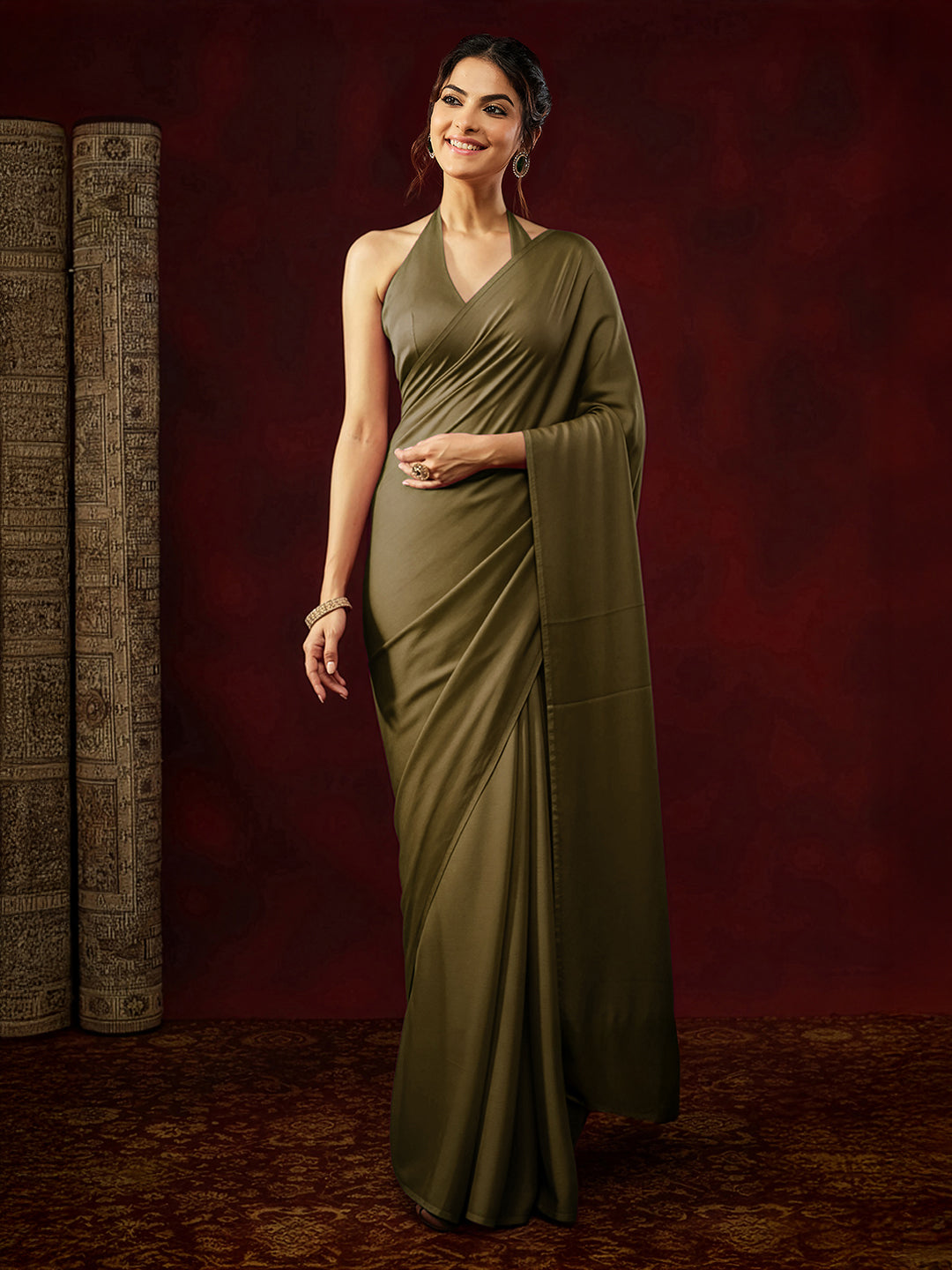 Janasya Women's Olive Satin Ready To Wear Saree with Unstitched Blouse