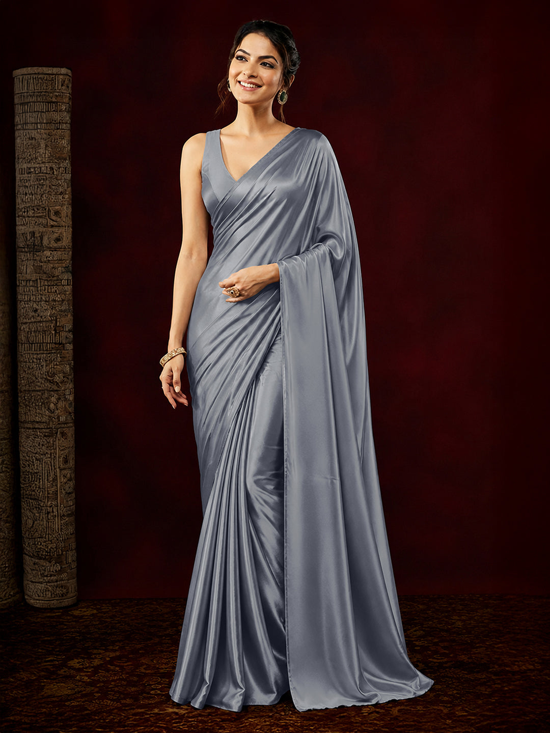 Janasya Women's Grey Satin One-Minute Ready-to-Wear Embellished Saree with Unstitched Blouse