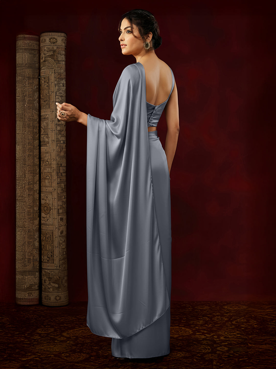 Janasya Women's Grey Satin One-Minute Ready-to-Wear Embellished Saree with Unstitched Blouse