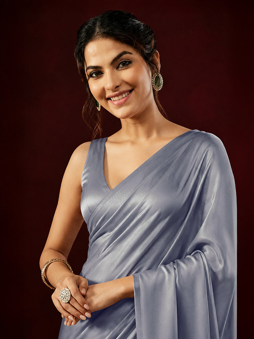 Janasya Women's Grey Satin One-Minute Ready-to-Wear Embellished Saree with Unstitched Blouse