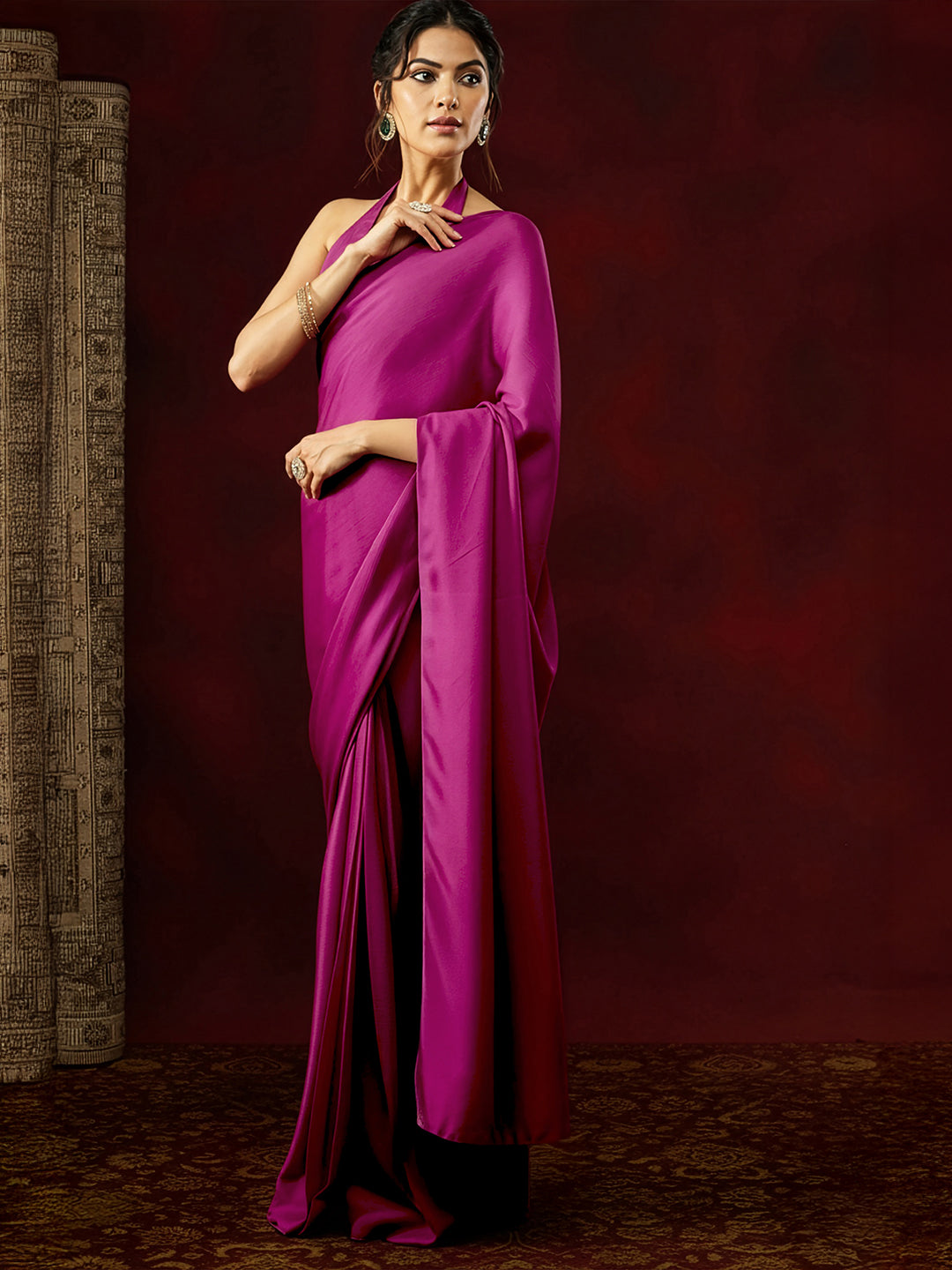 Janasya Women's Turquoise Satin Ready To Wear Solid Saree with Unstitched Blouse