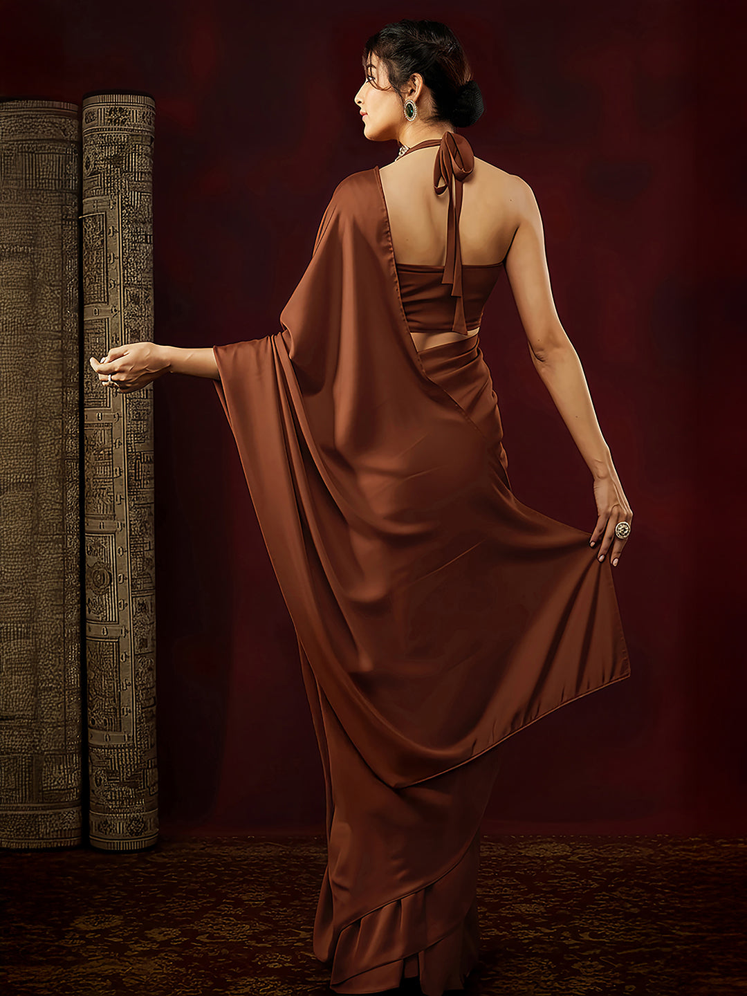 Janasya Women's Rust Satin Ready To Wear Saree with Unstitched Blouse