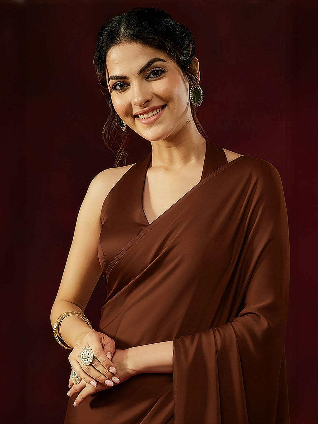 Janasya Women's Rust Satin Ready To Wear Saree with Unstitched Blouse