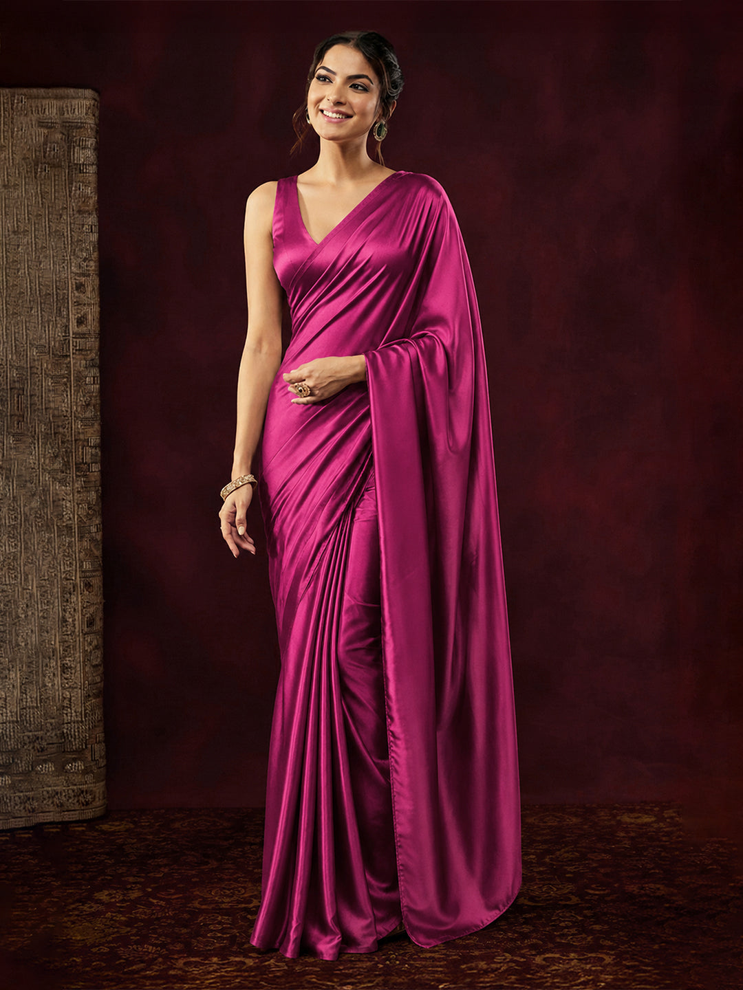 Janasya Women's Pink Satin One-Minute Ready-to-Wear Embellished Saree with Unstitched Blouse