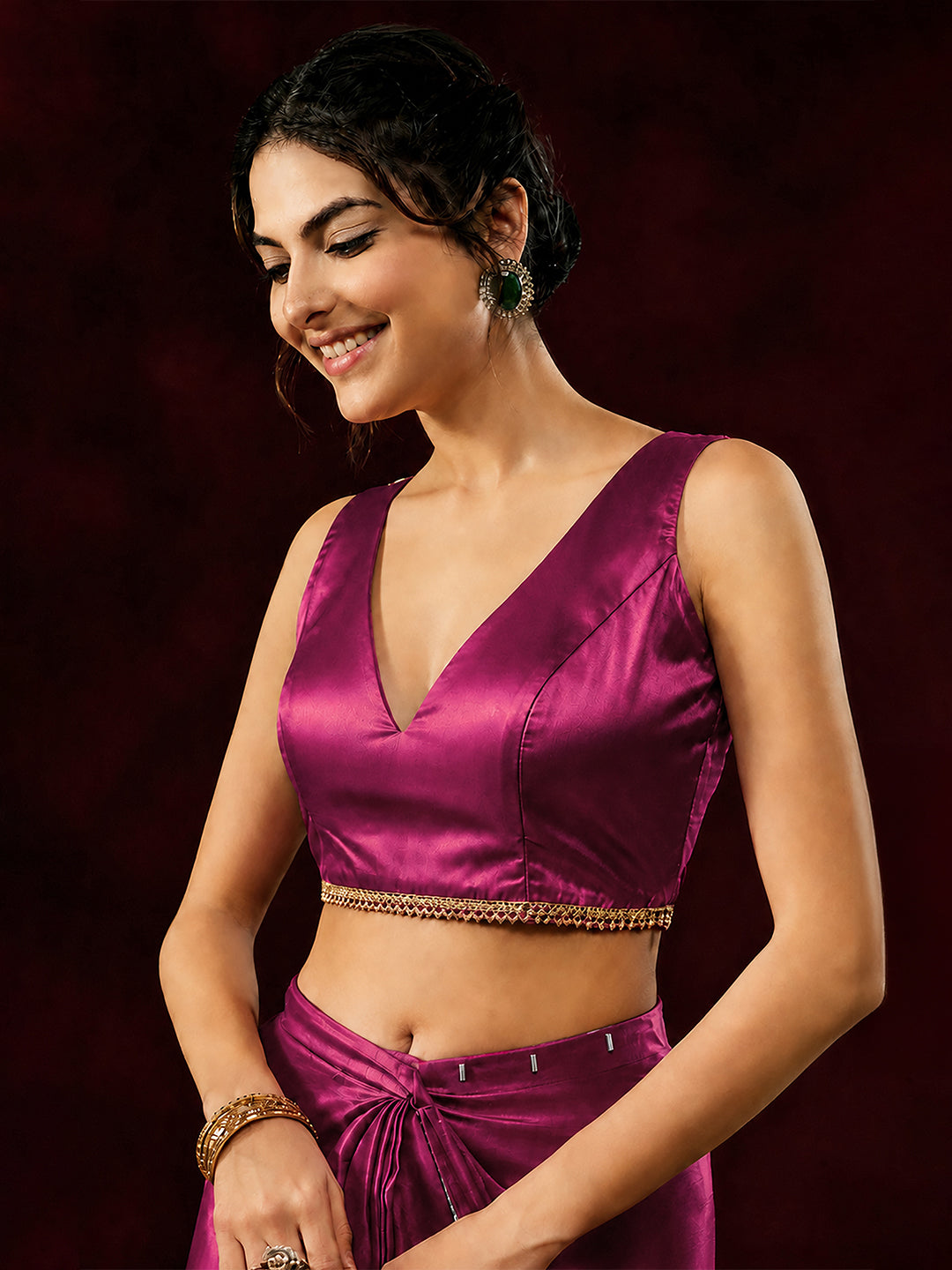 Janasya Women's Pink Satin One-Minute Ready-to-Wear Embellished Saree with Unstitched Blouse