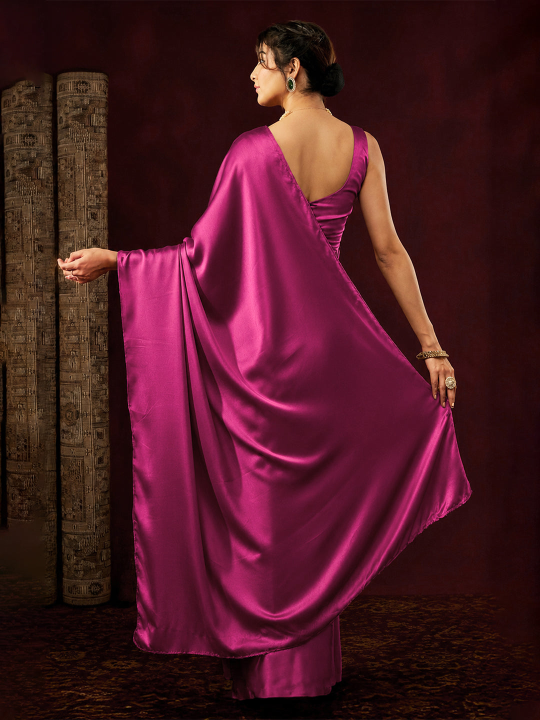 Janasya Women's Pink Satin One-Minute Ready-to-Wear Embellished Saree with Unstitched Blouse
